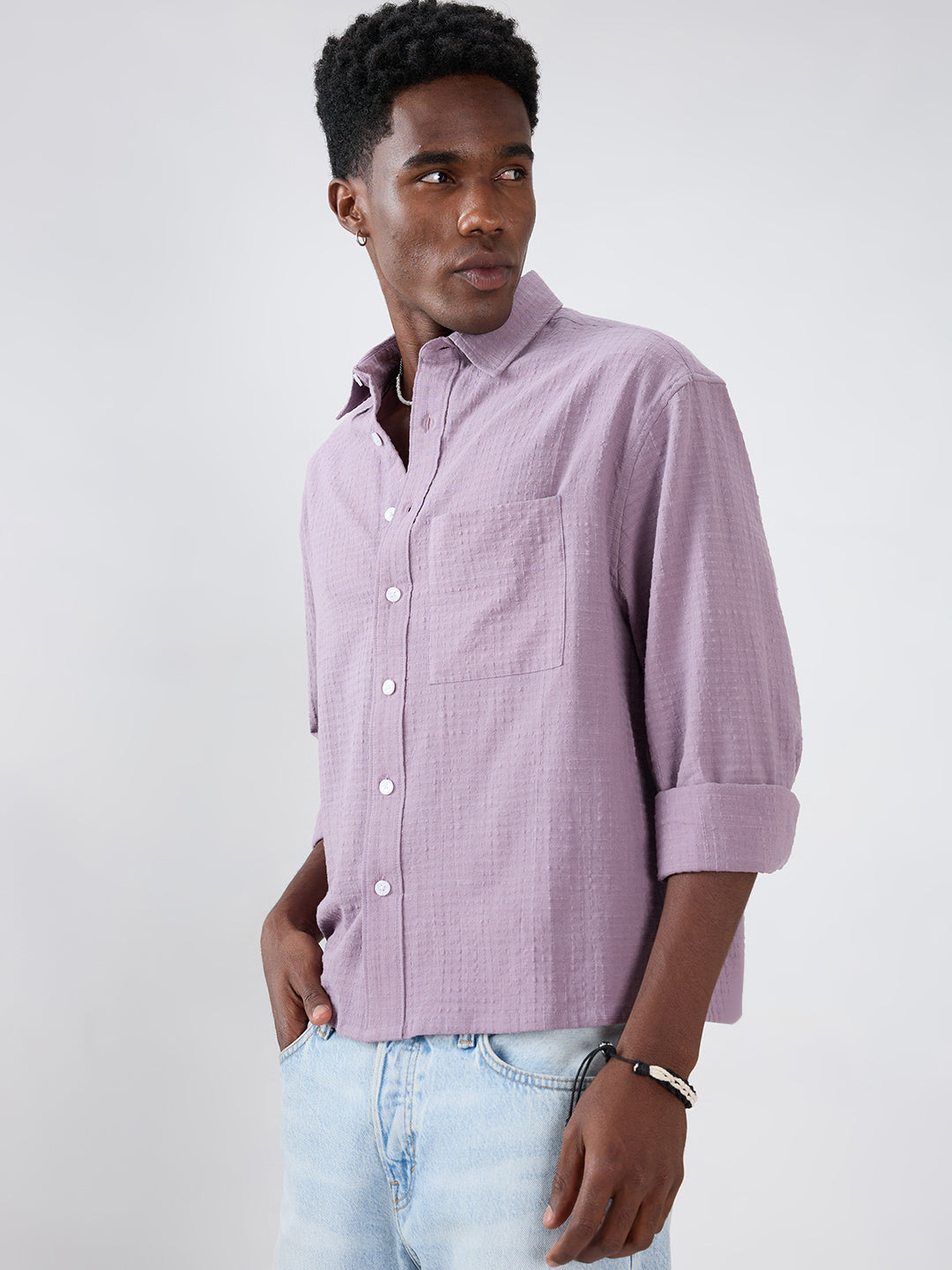 Soft Mauve Micro Grid Jacquard Weave Boxy Fit Crop Shirt