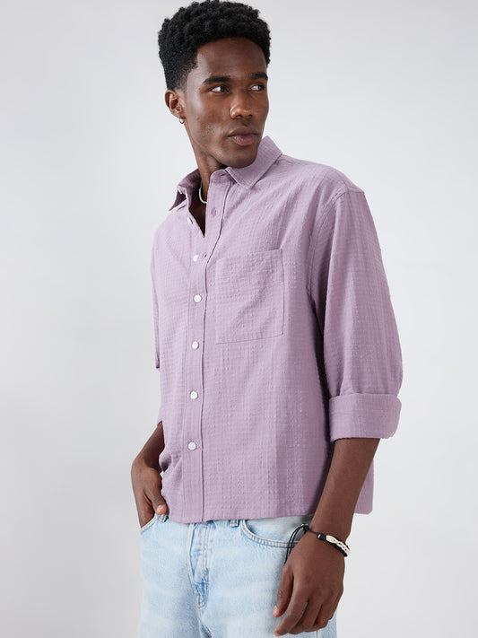 Soft Mauve Micro Grid Jacquard Weave Boxy Fit Crop Shirt