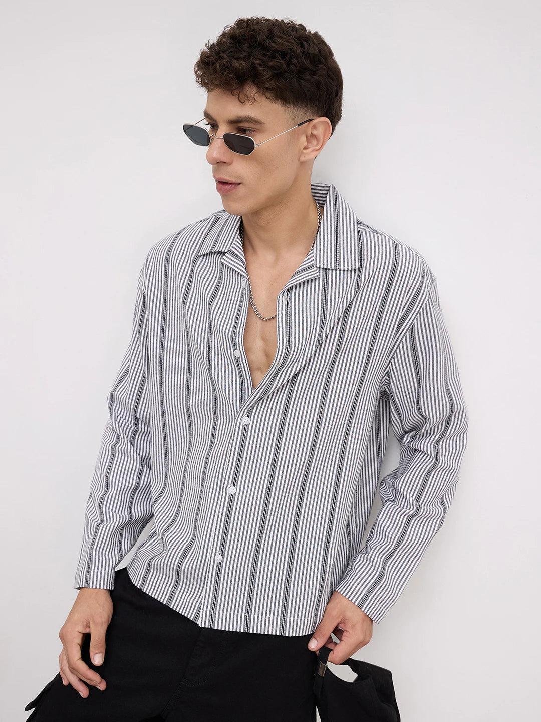 Luxe Monochrome Candy Striped Notch Collar Oversized Shirt