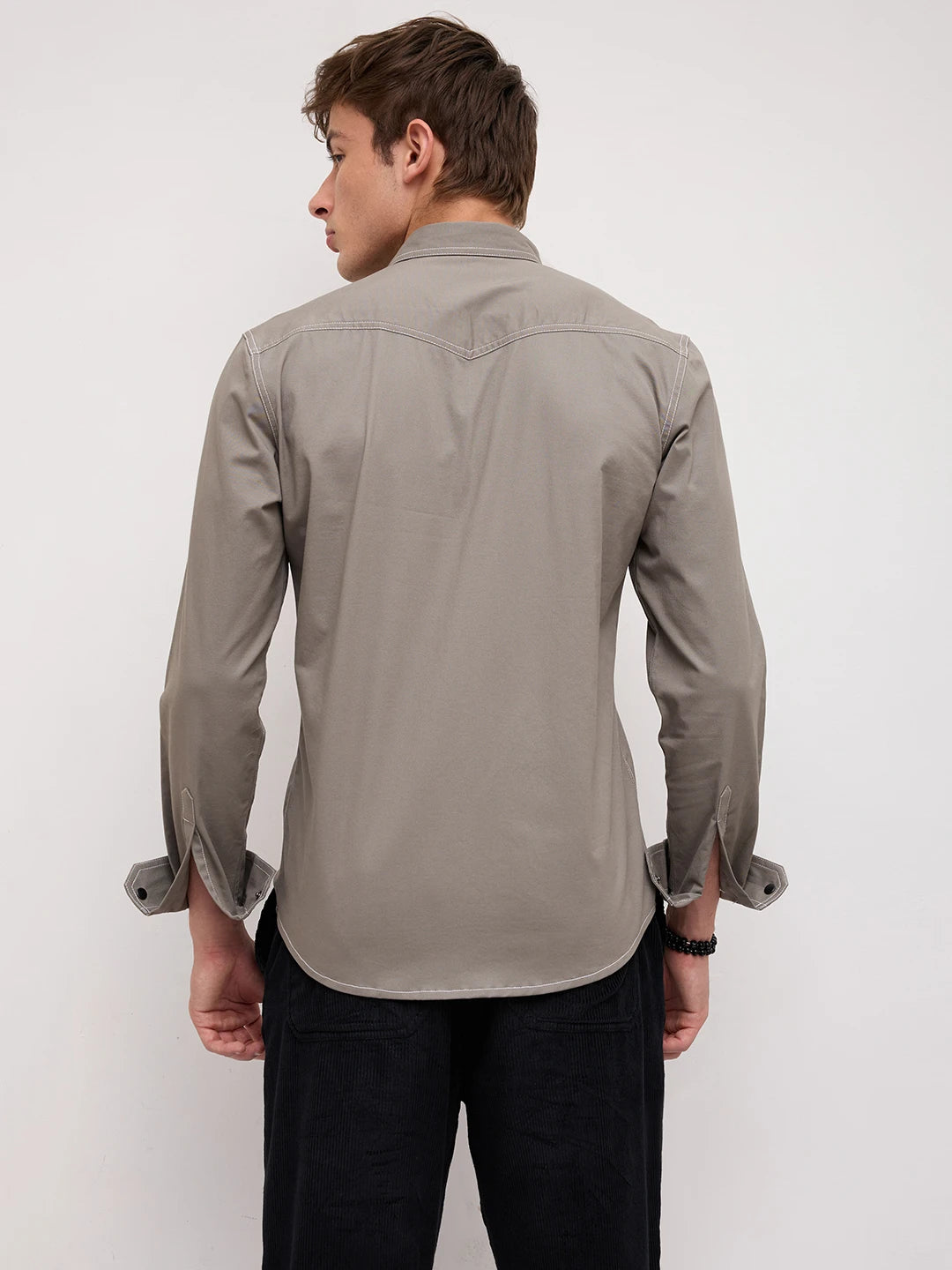 Grey Contrast Stitch Twin Pocket Shirt