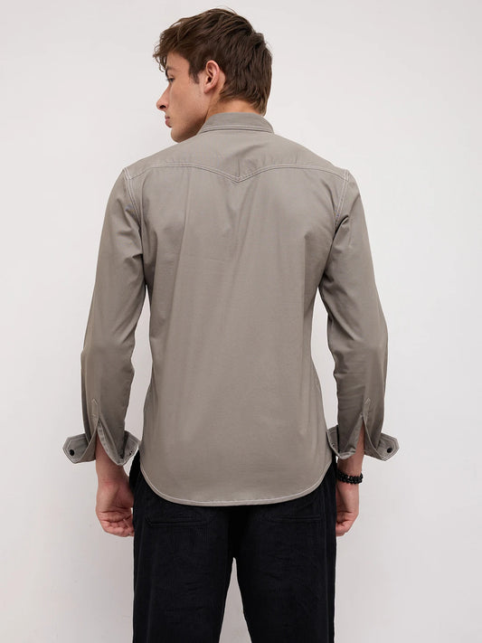 Grey Contrast Stitch Twin Pocket Shirt
