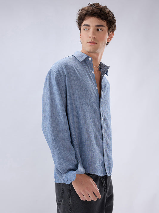 Slate Blue Textured Boxy Fit Crop Shirt