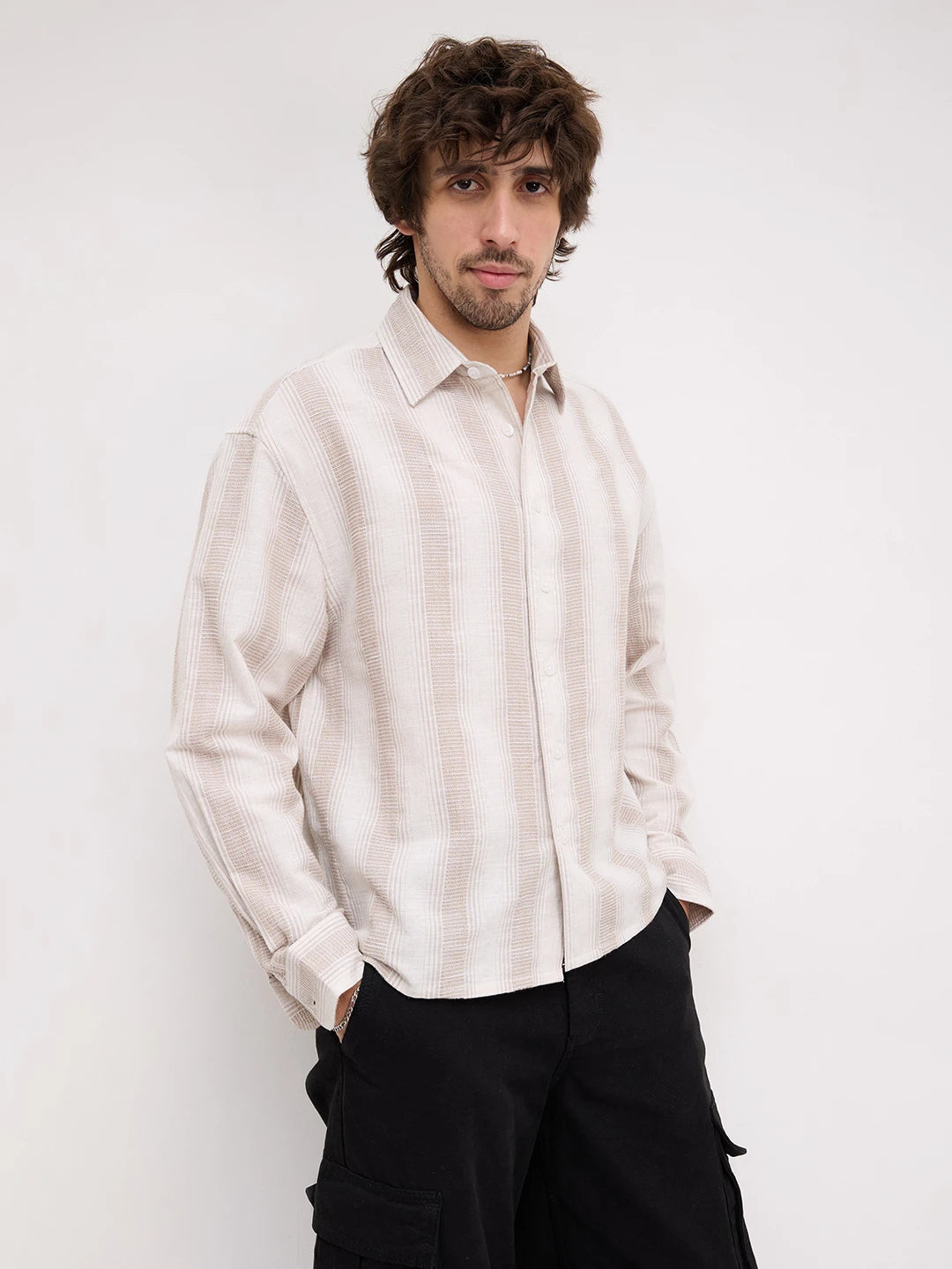 Premium Natural Beige Finegrain Striped Boxy Fit Crop Shirt