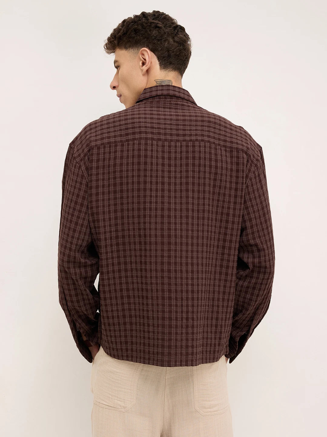 Warm Espresso Windowpane Checks Boxy Fit Crop Shirt