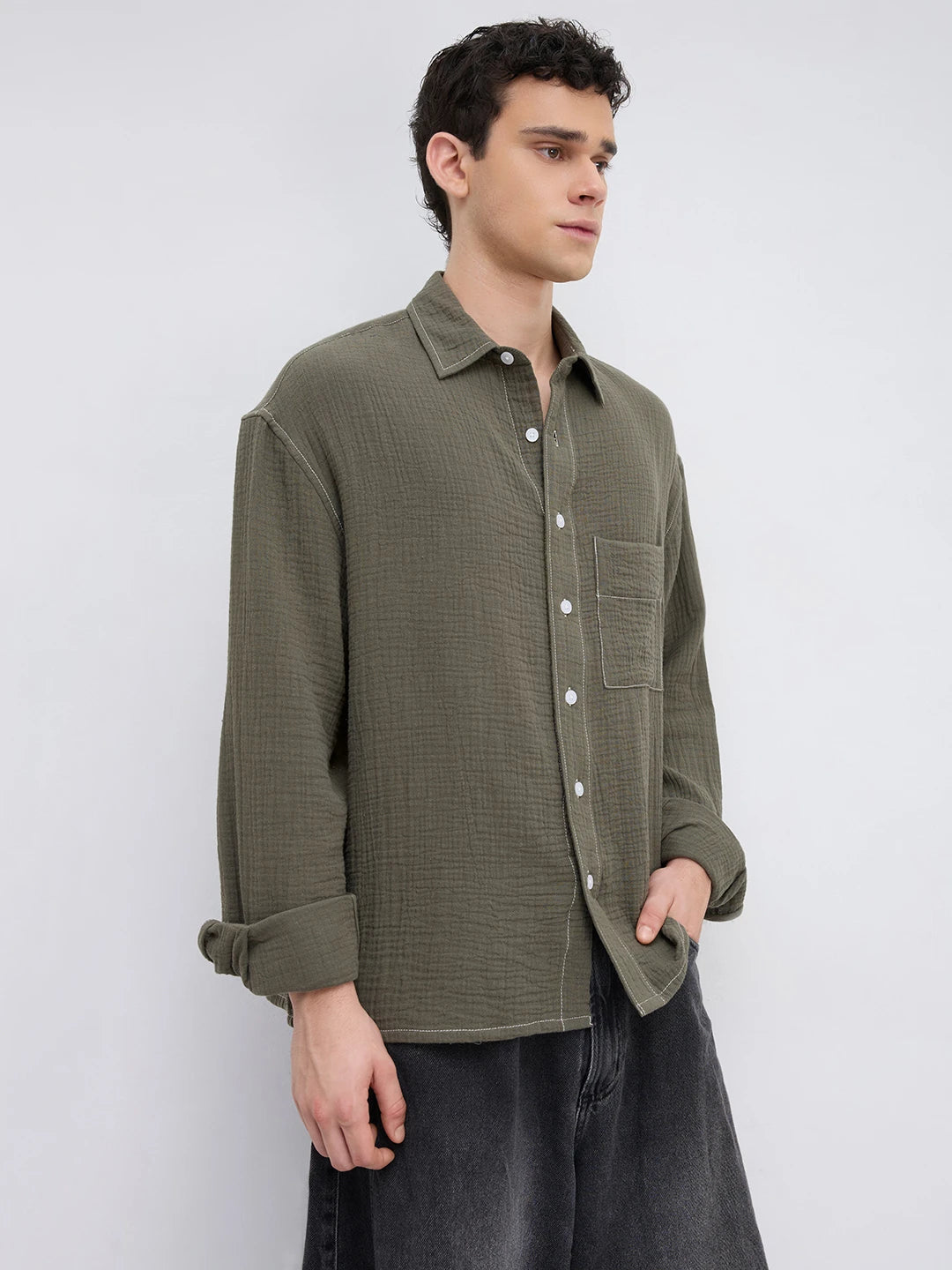 Muted Olive Contrast Stitch Double Cloth Boxy Fit Crop Shirt
