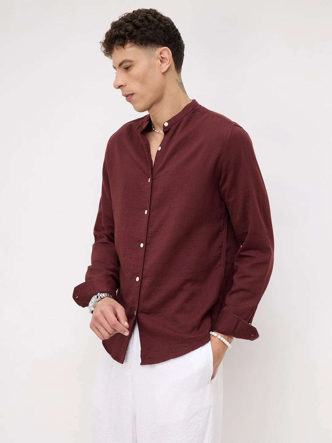 Deep Rust Herringbone Textured Mandarin Shirt