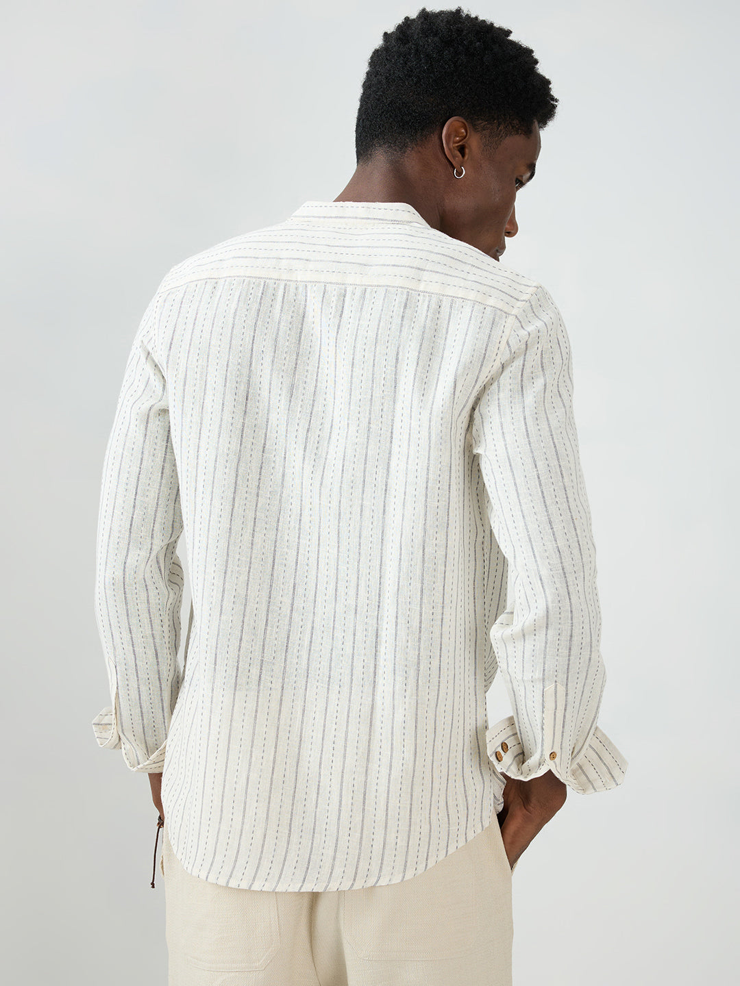 White & Grey Burlap Weaved Striped Kurta