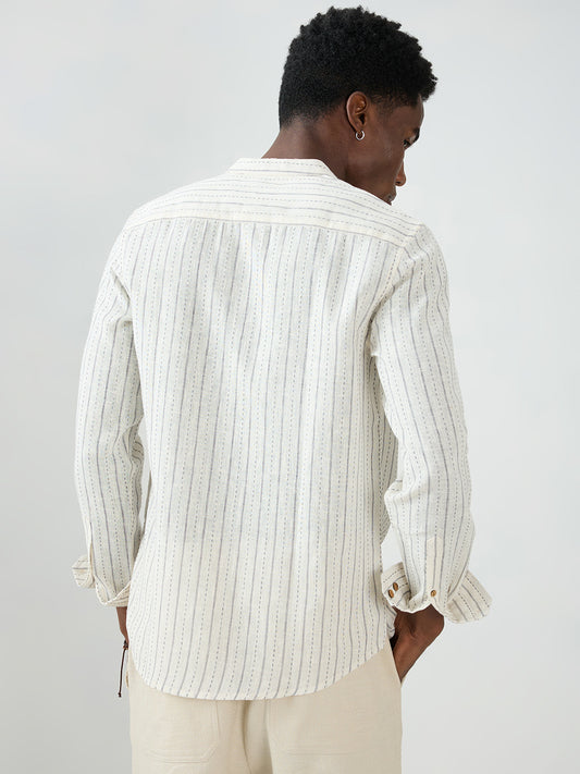 White & Grey Burlap Weaved Striped Kurta