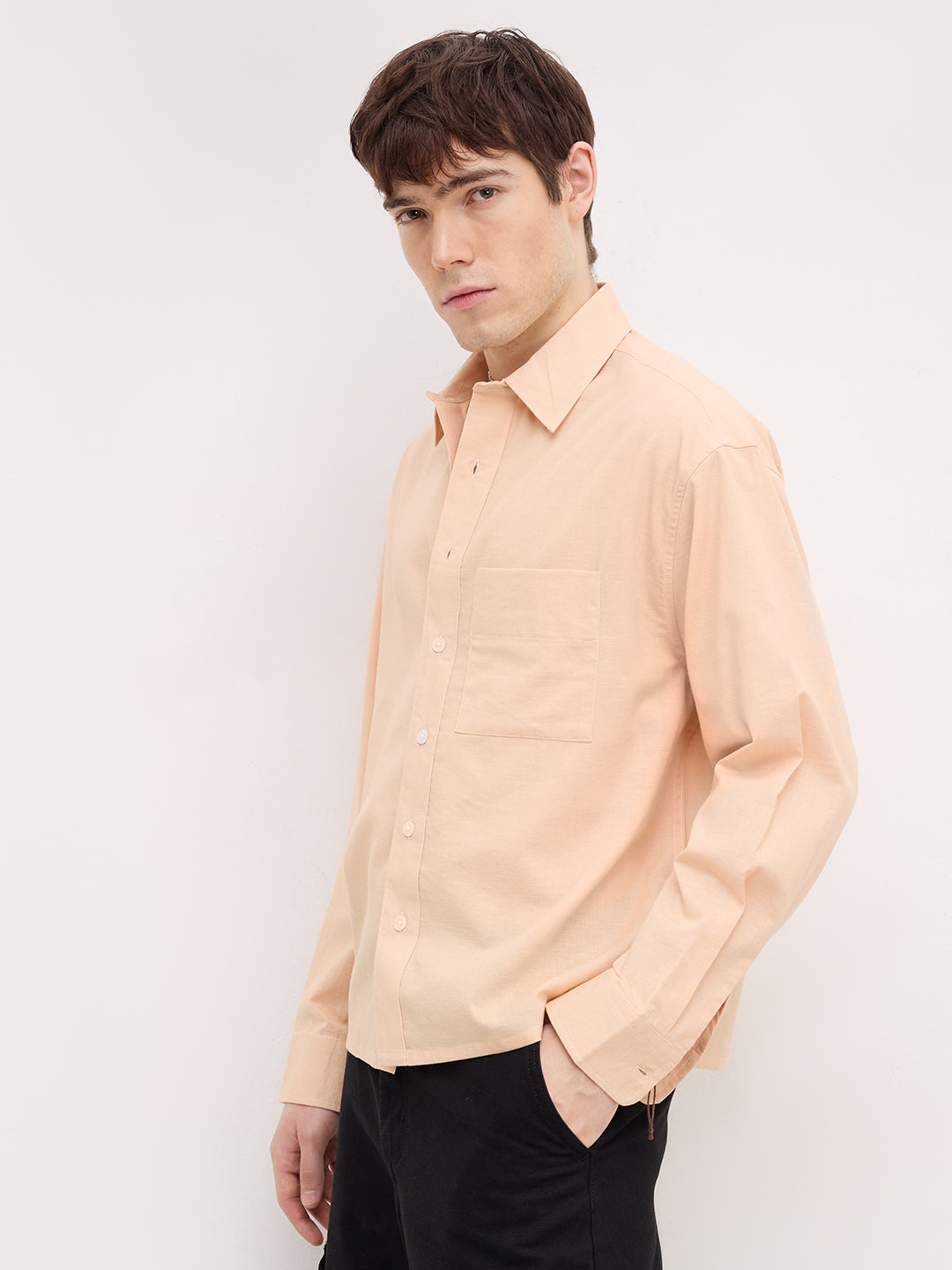 Soft Blush Peach Fine Textured Boxy Fit Crop Shirt