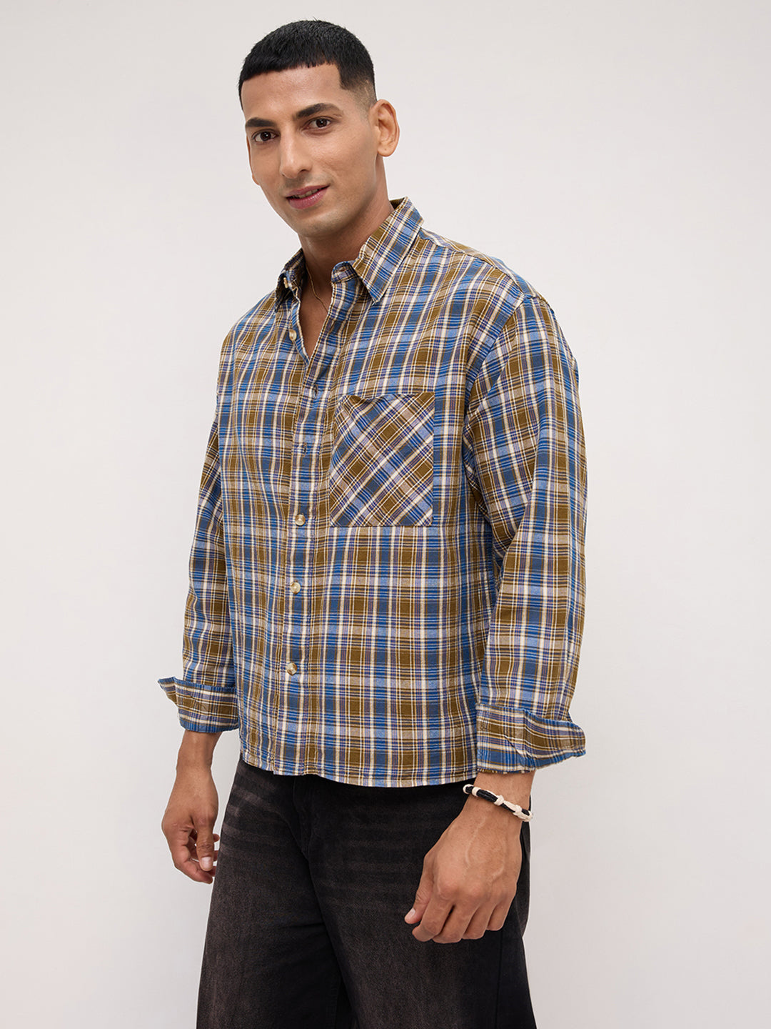 Denim Blue & Olive Checks Linen Blend Boxy Fit Crop Shirt