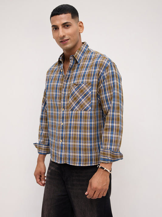Denim Blue & Olive Checks Linen Blend Boxy Fit Crop Shirt