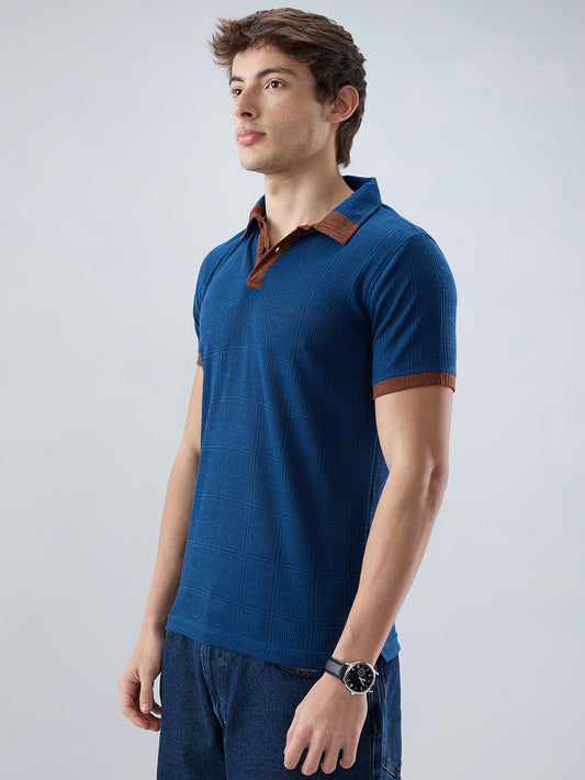 Dark Slate Blue Grid Contrast Polo Neck Knit T-shirt
