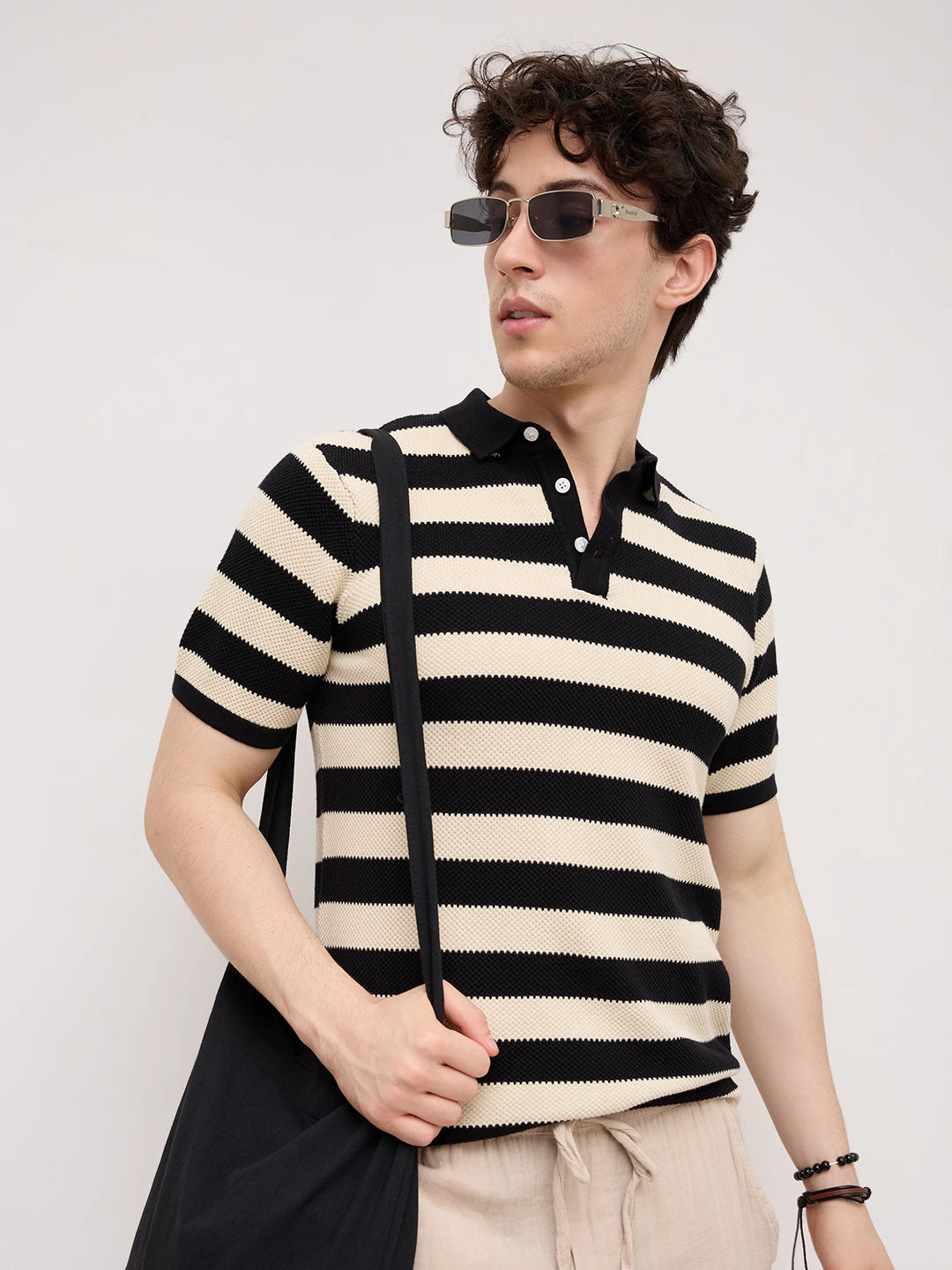 Monochrome Horizontal Striped Flat Knit Polo T-Shirt