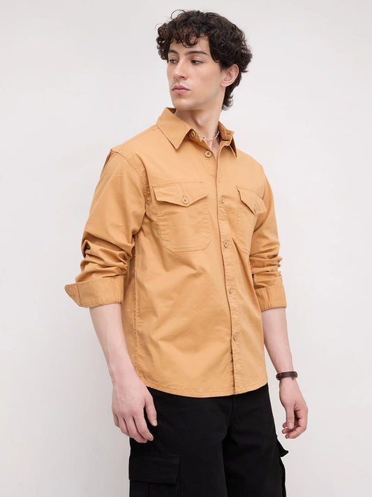 Solid Tangerine Double Pocket Overshirt