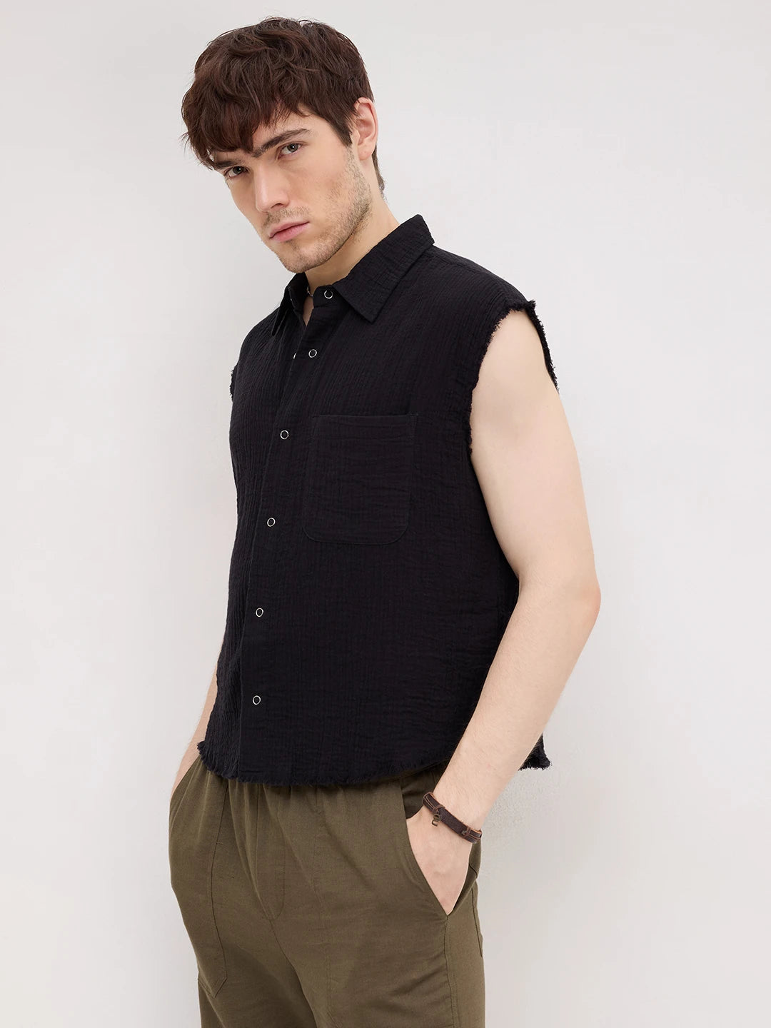Iconic Black Double Cloth Sleeveless Crop Shirt