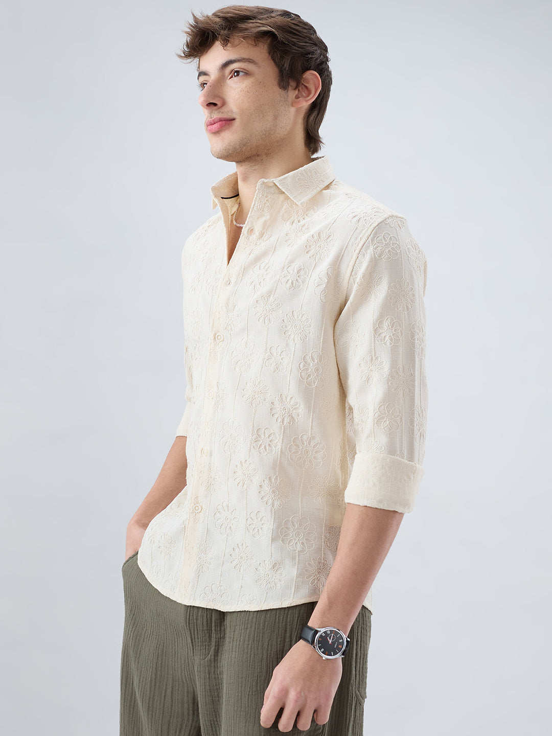 Serene Whispering Bloom Beige Embroidered Shirt