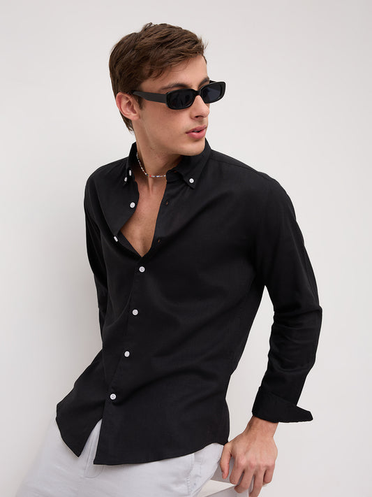 Luxe Black Button-Down Collar Linen Blend Shirt