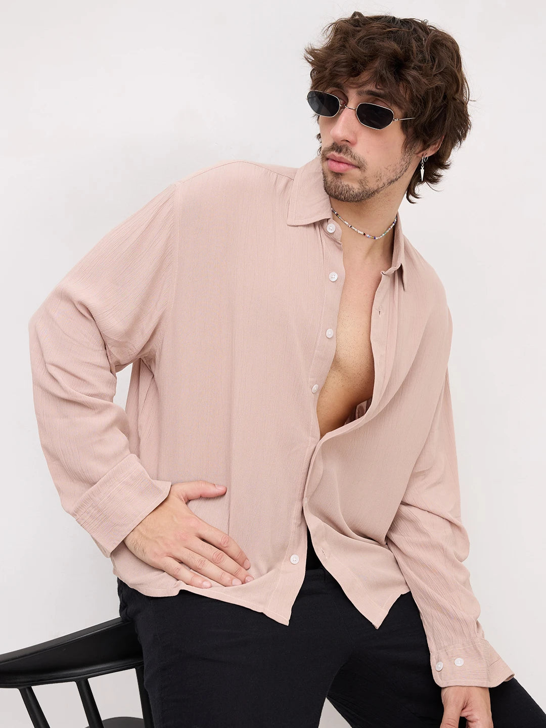 Warm Beige Crepe Textured Boxy Fit Shirt