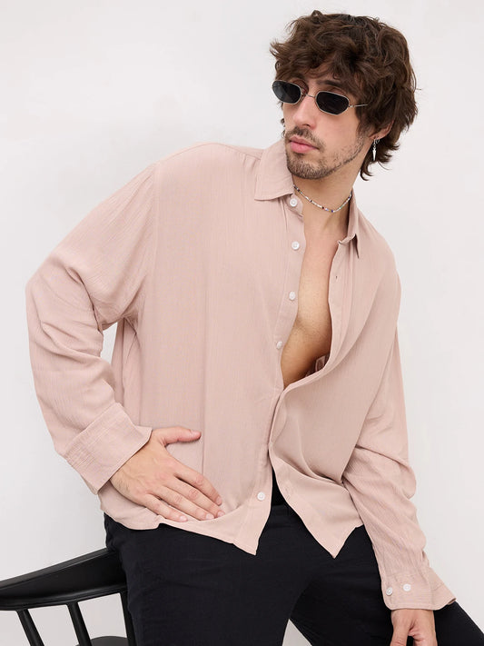 Warm Beige Crepe Textured Boxy Fit Shirt