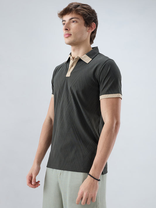 Deep Olive Contrast Polo Neck T-shirt