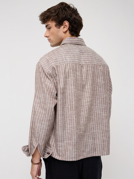Brown & Ivory Striped Boxy Fit Crop Shirt