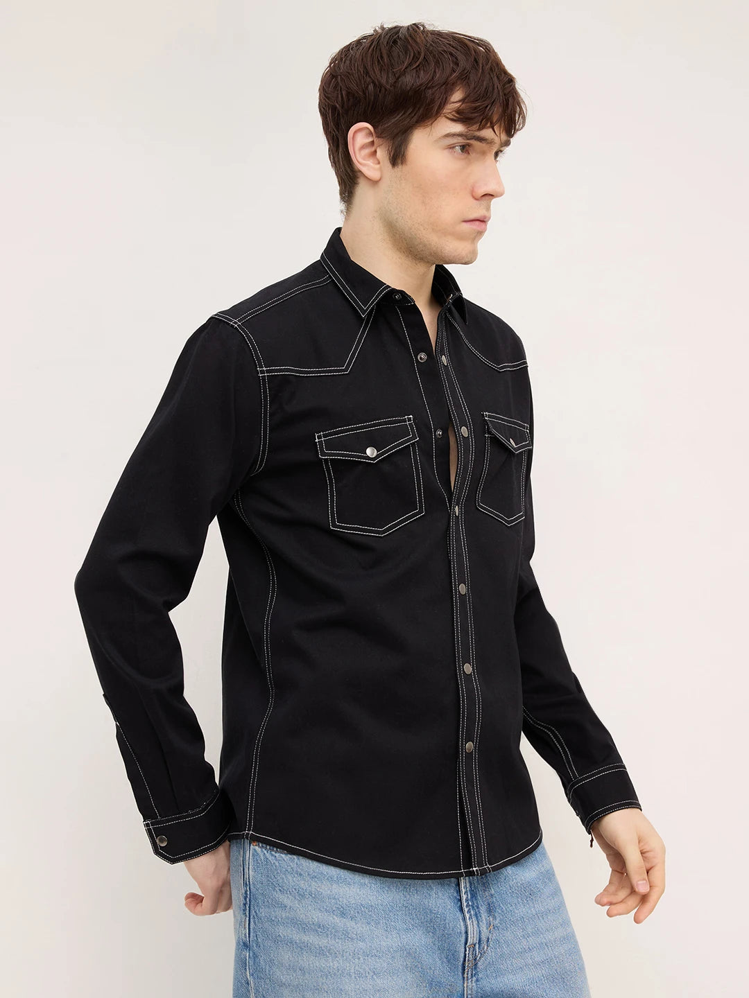 Nightfall Black Contrast Stitch Twin Pocket Overshirt