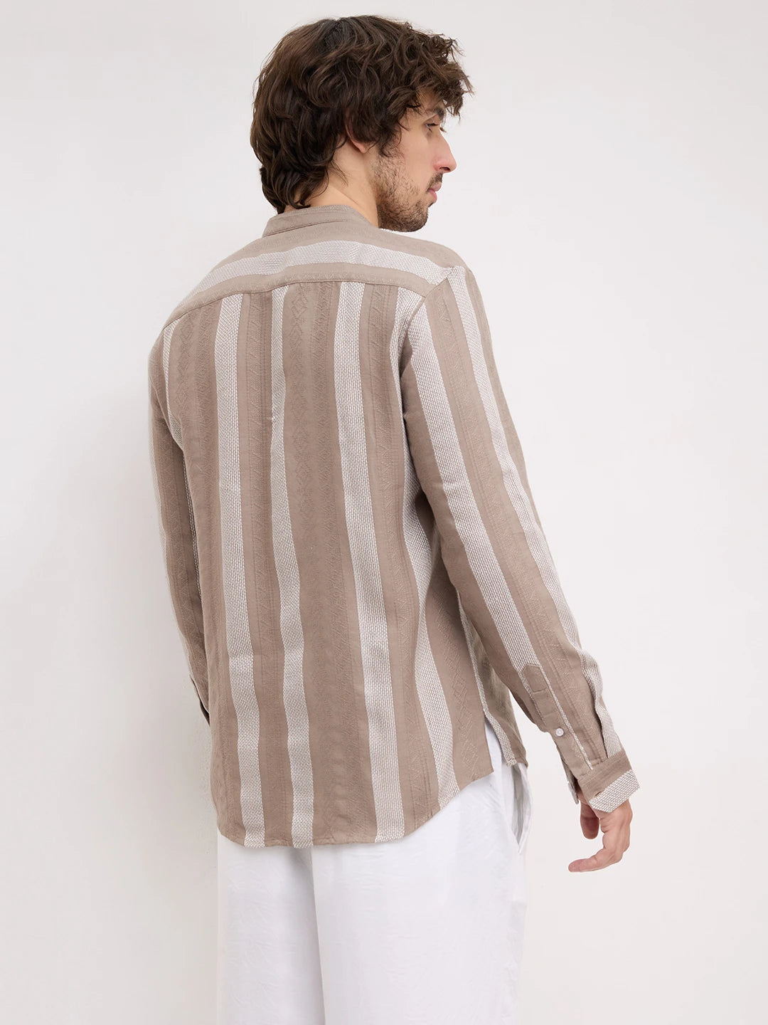 British Khaki Artisan Contrast Loom Striped Kurta