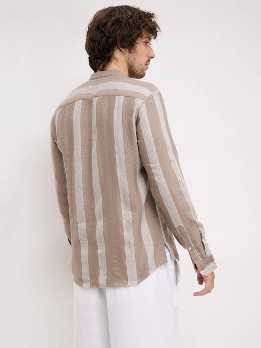 British Khaki Artisan Contrast Loom Striped Kurta