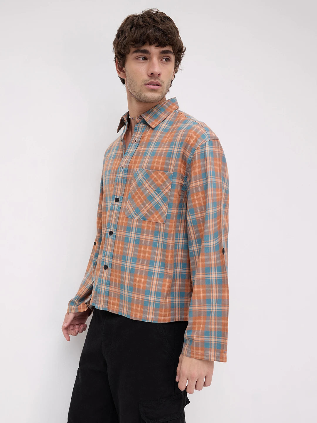Warm Denim Clay Plaid Checks Cuffless Oversized Crop Shirt