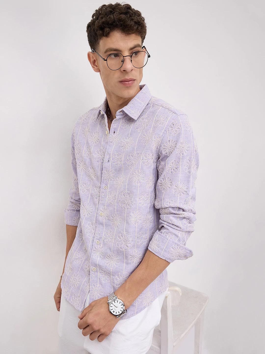Soft Lilac Floral Embroidered Slub Shirt