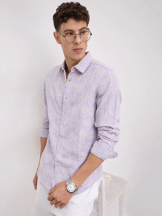 Soft Lilac Floral Embroidered Slub Shirt