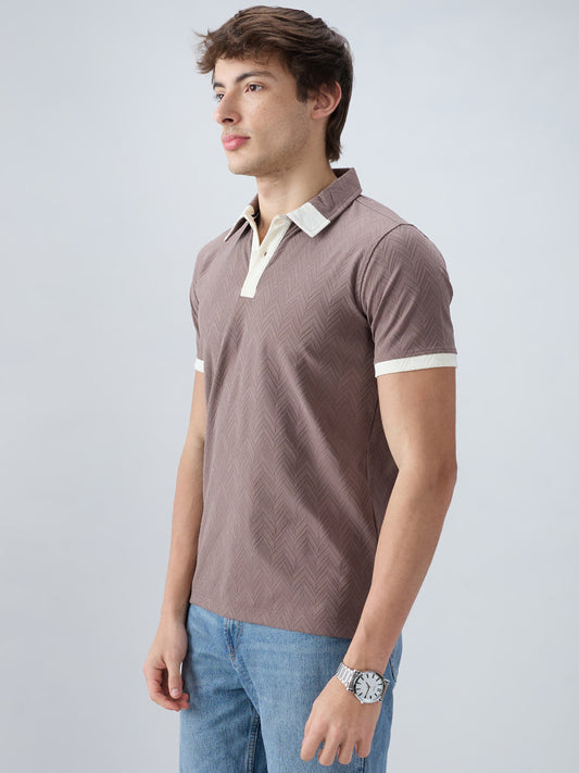 Liver Brown Chevron Contrast Polo Neck T-shirt
