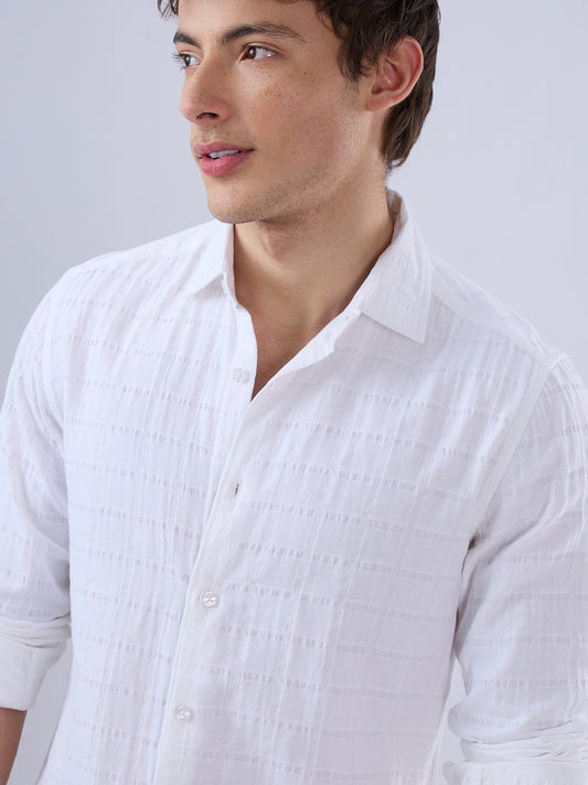 Luxe Pearl White Double Coth Seersucker Checked Shirt