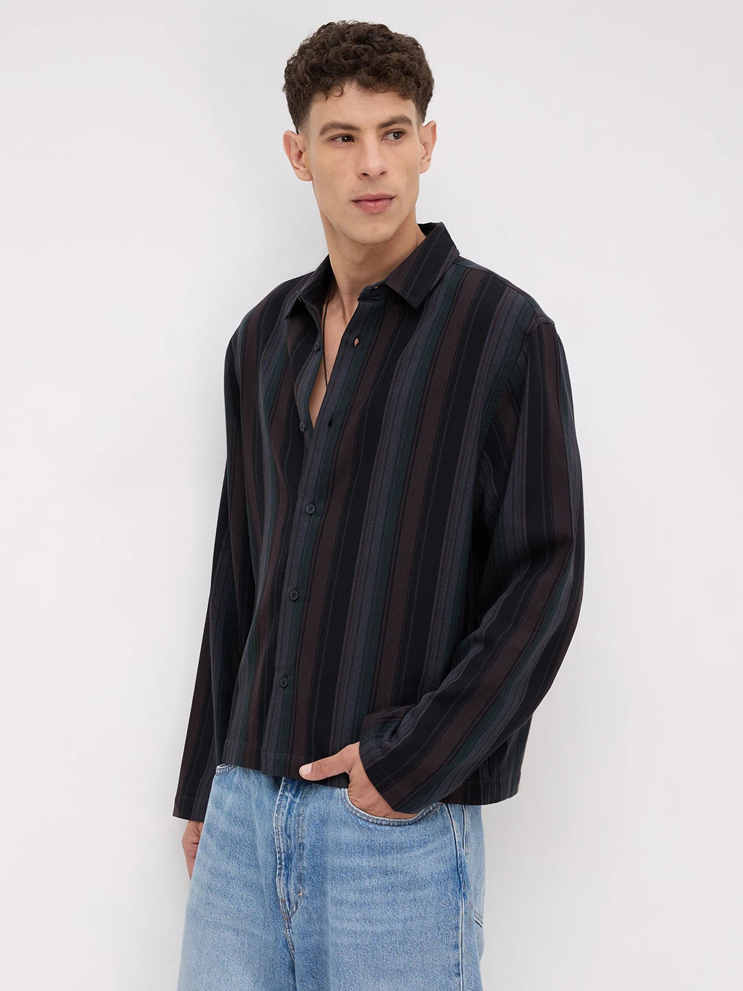 Luxe Brown Multi-Striped Cuffless Oversized Shirt