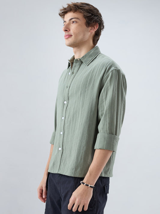 Forest Green Double Cloth Striped Boxy Fit Crop Shirt