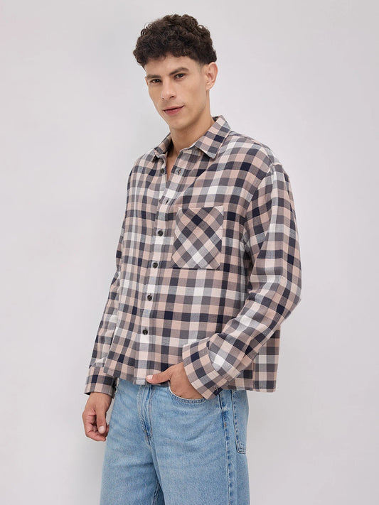 Vintage Multicolor Block Checks Boxy Fit Crop Shirt
