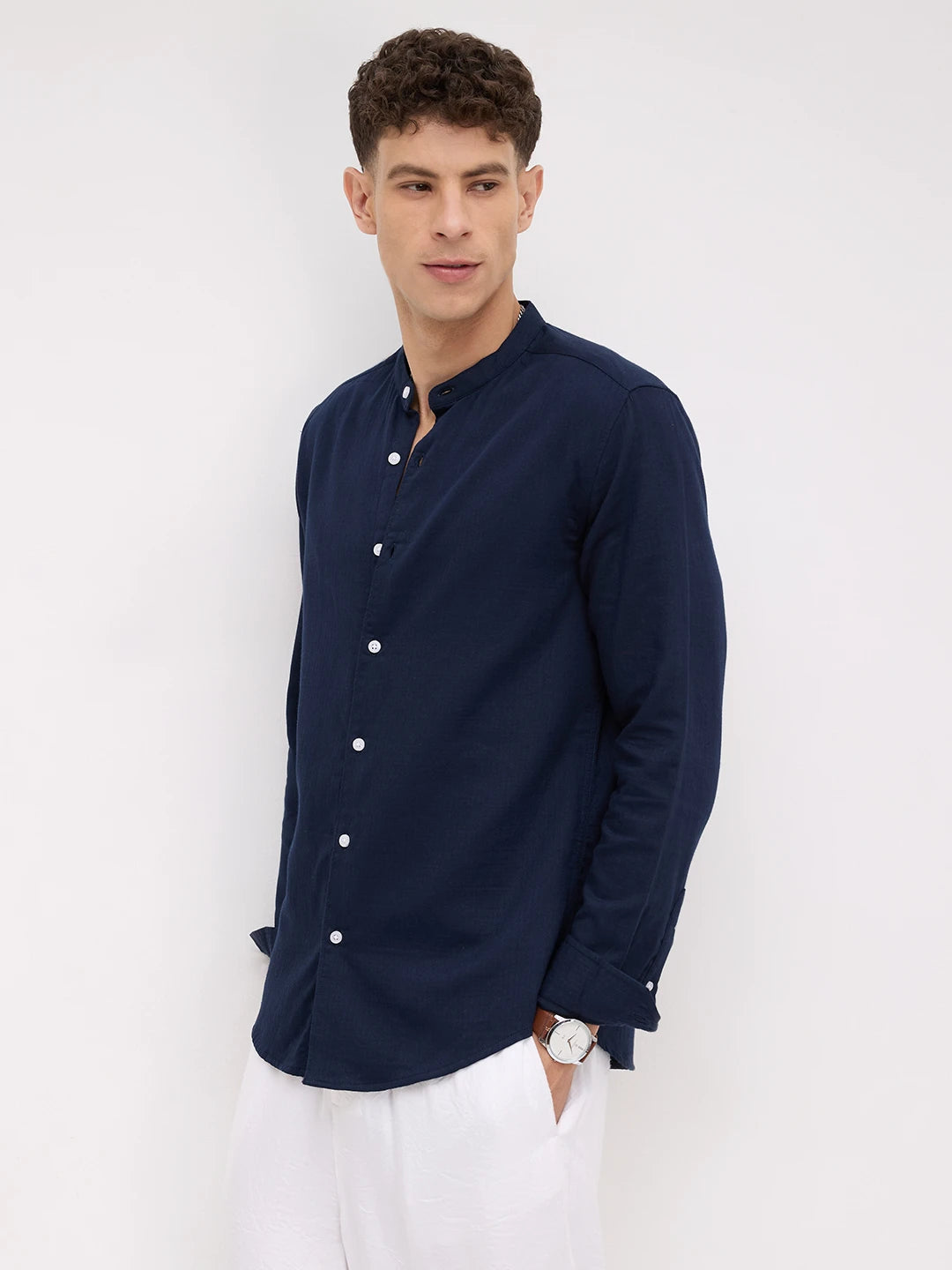 Navy Herringbone Textured Mandarin Shirt