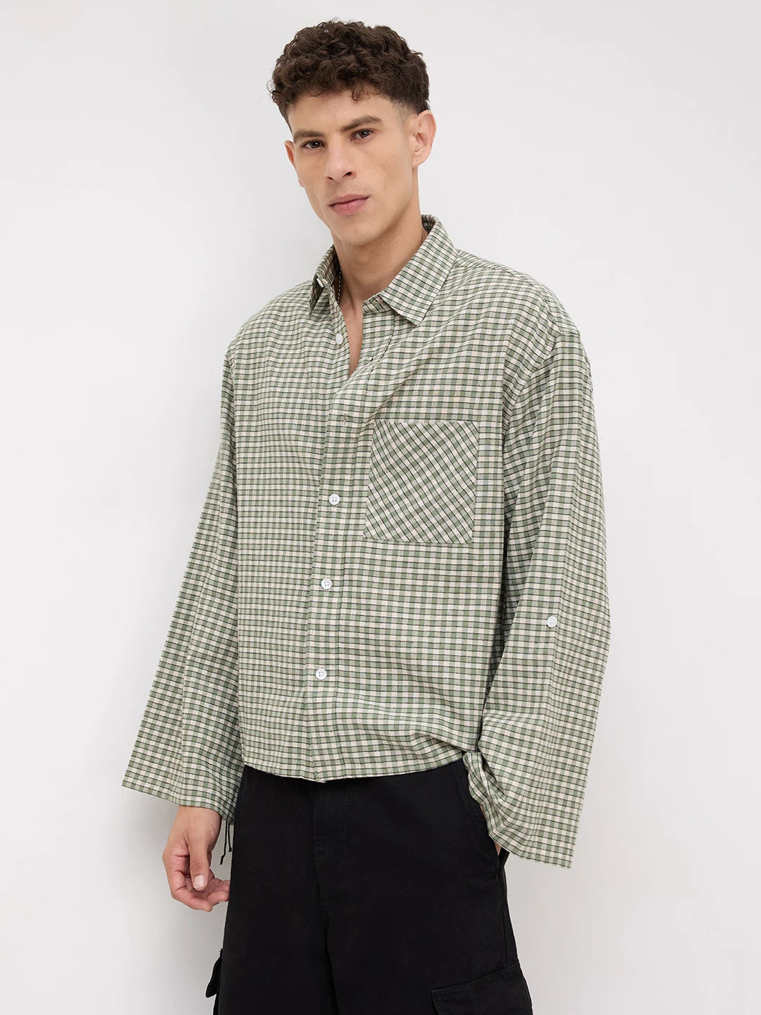 Moss Green & Ivory Cuffless Oversized Crop Shirt