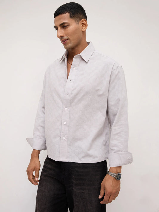 Luxe Grey Square Embossed Boxy Fit Crop Shirt