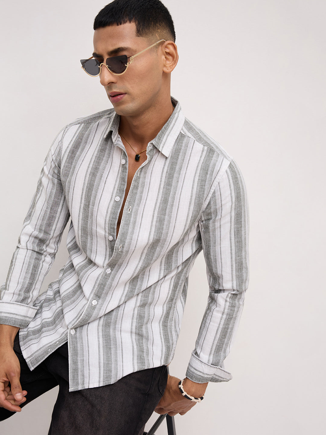 Ash Grey Shadow Striped Linen Blend Shirt