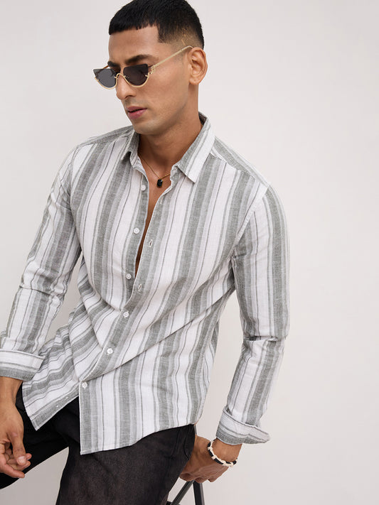 Ash Grey Shadow Striped Linen Blend Shirt