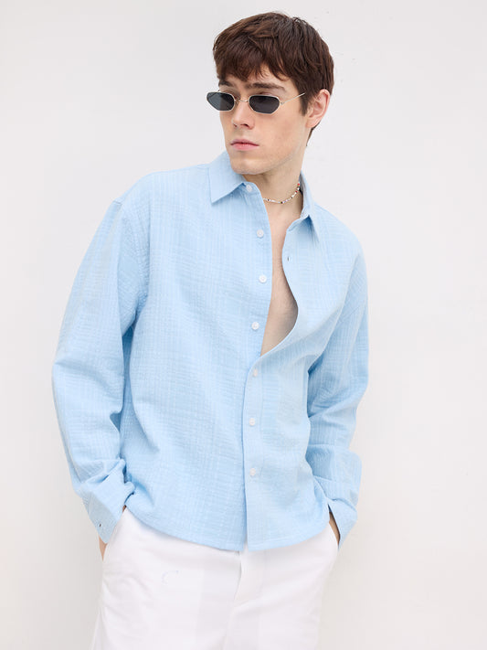 Ice Blue Geometrical Textured Boxy Fit Crop Shirt