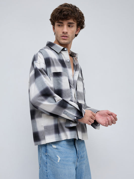 Monochrome Bold Grid Boxy Fit Crop Utility Shirt