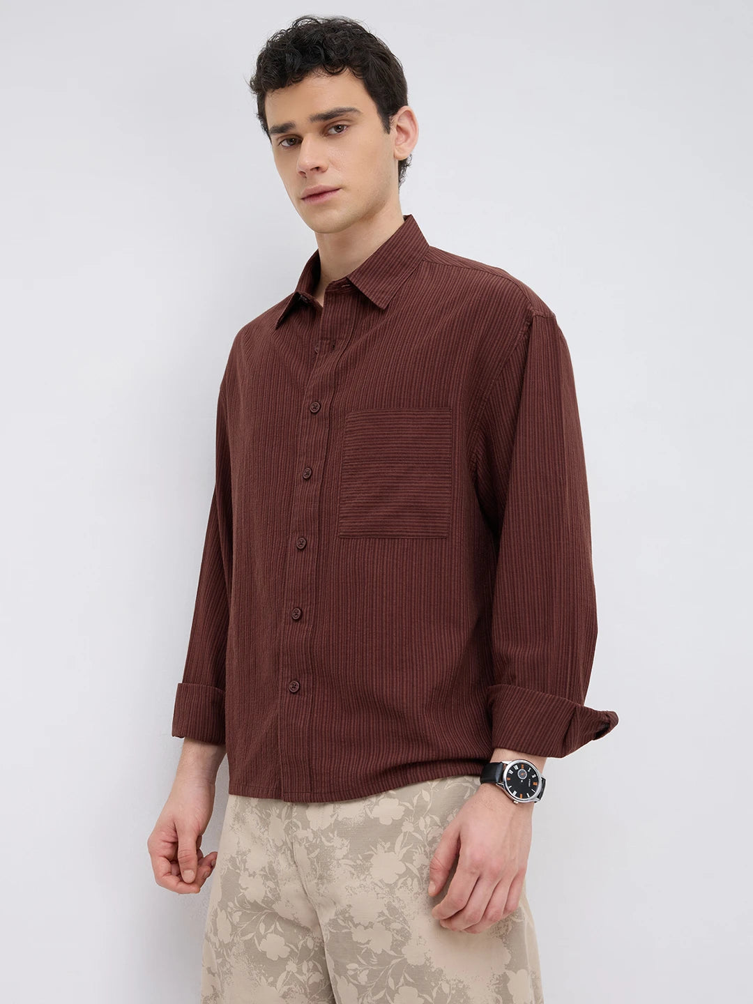 Elegant Coffee Brown Striped Boxy Fit Crop Shirt