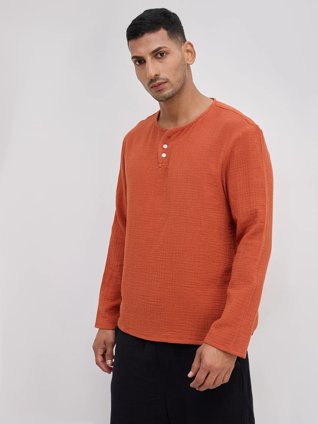 Soft Rust Double Cloth Henley Neck Oversized Shirt