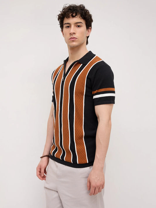 Rust Artisian Panel Striped Polo Zip Flat Knit T-shirt