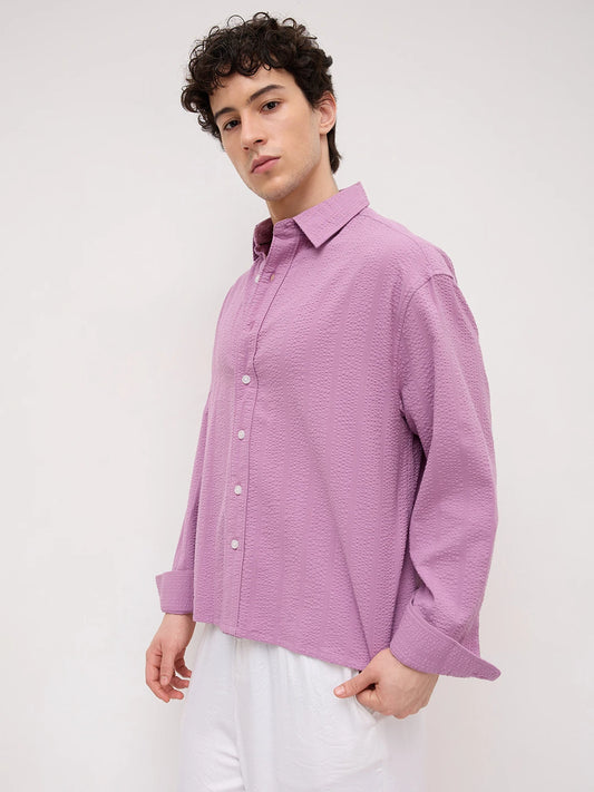 Luxury Purple Seersucker Striped Boxy Fit Crop Shirt