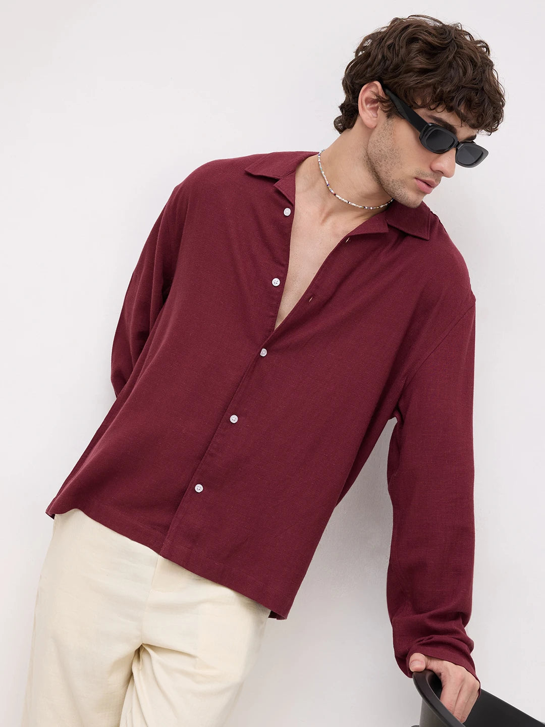 Maroon Fine Textured Linen Blend Notch Collar Oversized Shirt