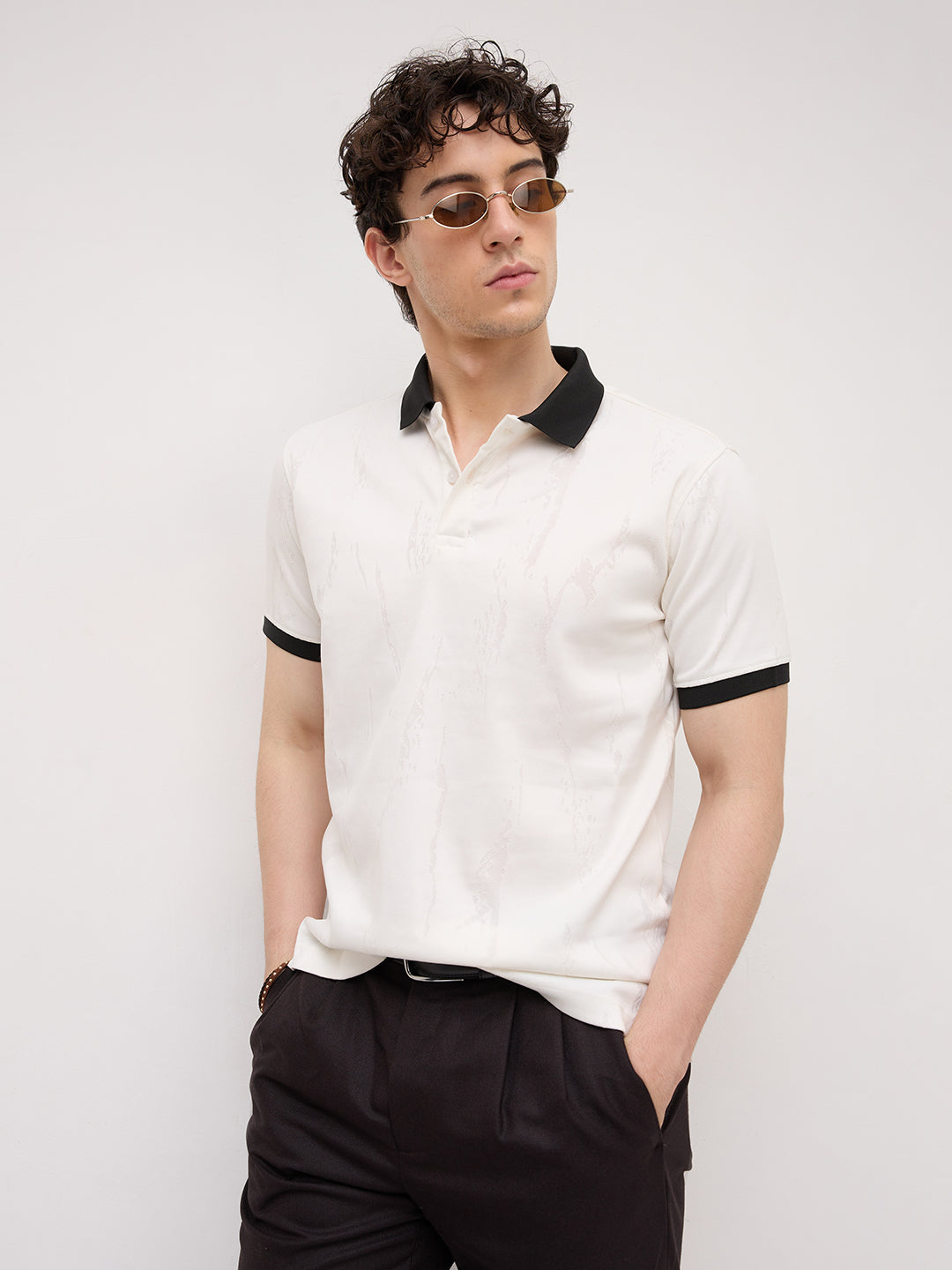 Intricate White Textured Contrast Polo Knit T-Shirt