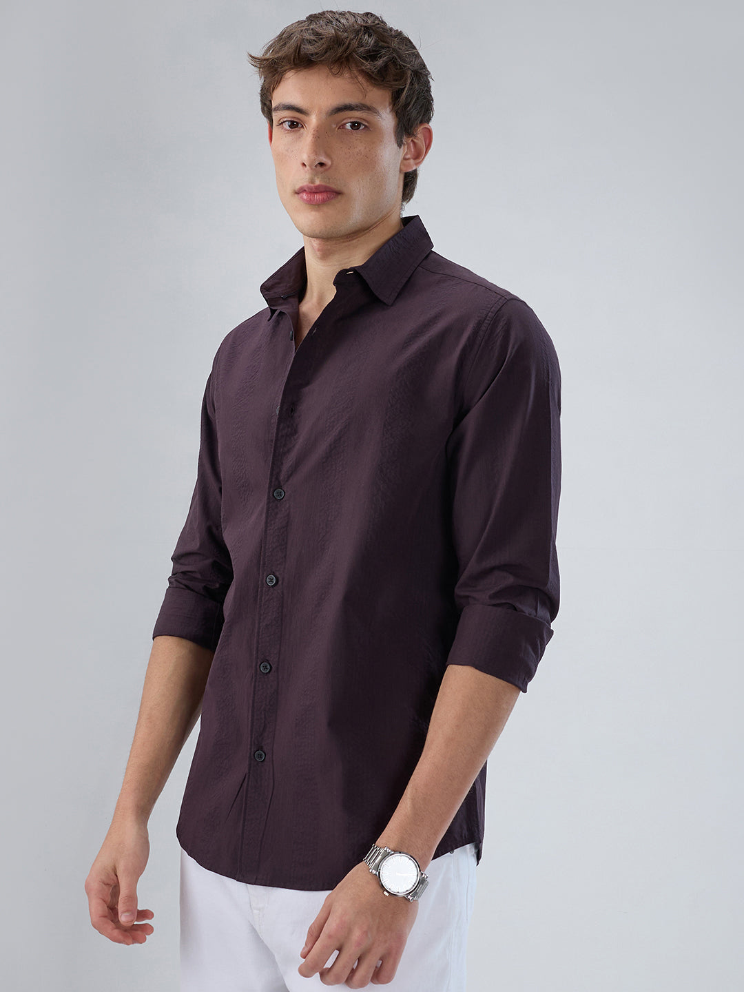 Deep Wine Striped Seersucker Shirt